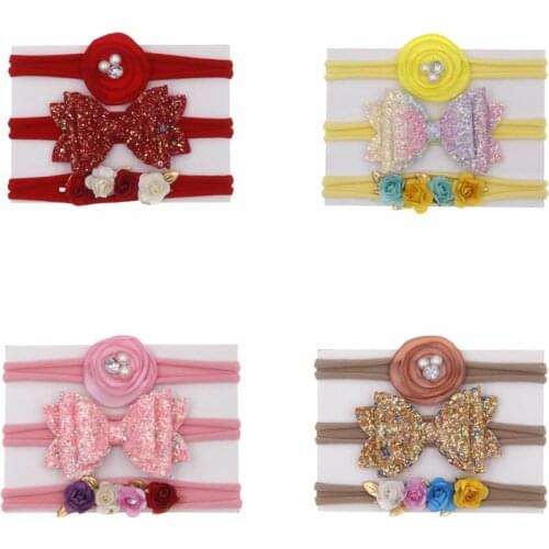 Yundfly 3pcs/lot Sequin Bow Rose Flower Nylon Headband Newborn Photography Props Baby Girls Elastic Headwear Set Birthday Gift