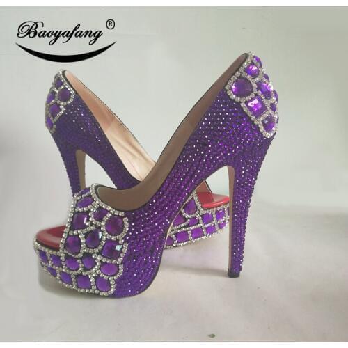 BaoYaFang 2019 New Arrive Peep Toe Purple Crystal Womens wedding shoes Woman High heels Platform shoes Open Toe Fashion shoes
