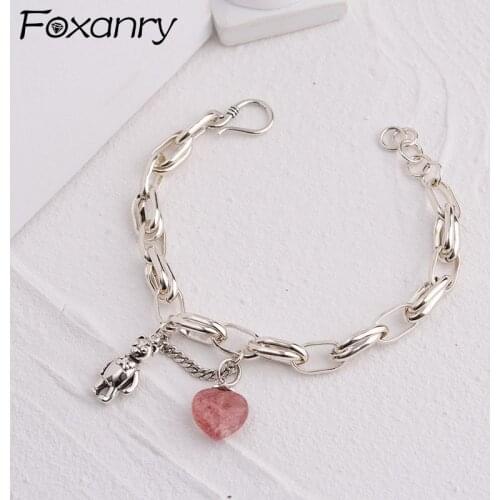 FOXANRY 925 Sterling Silver Bracelet for Women Fashion Vintage Sweet Cute Bear Tassel Strawberry Party Jewelry Girls Accessories