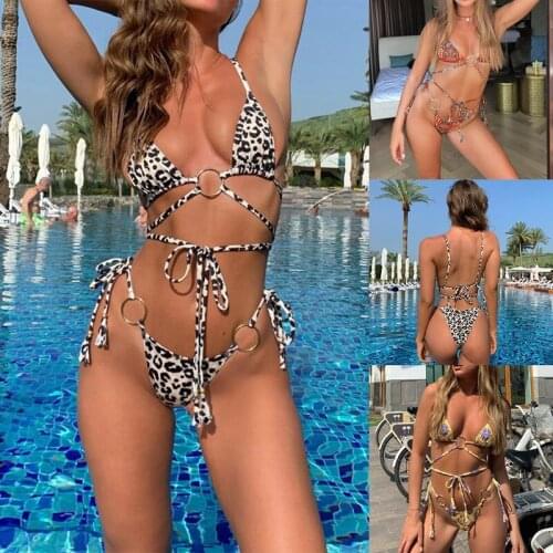 Womens Fashion Sexy Leopard Print Ring Band Bikini Swimsuit