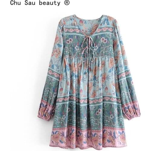 2021 Spring Tassel Boho Positioning Floral Print Lantern Sleeve Lace-Up Loose Dress Holiday Style Female Fashion Skirt