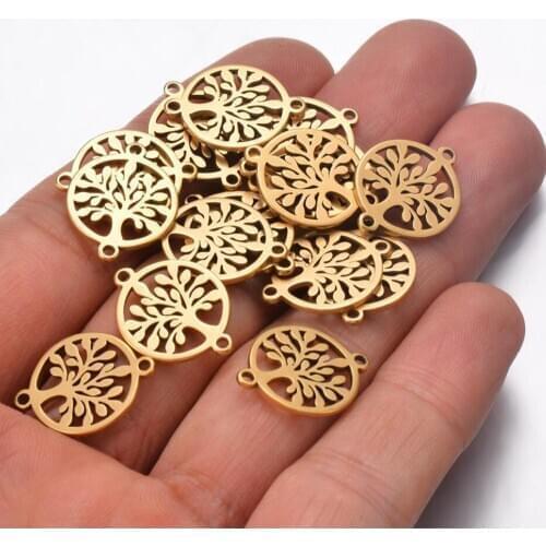 20Pcs 2Holes Stainless Steel Gold Tone Tree Of Life Connectors charms Pendants DIY For Jewelry Making