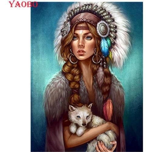 Full drilling Diy 5D diamond mosaic Indian girl and wolf diamond painting round square Diamond embroidery rhinestone pictures
