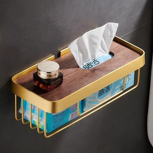 Paper Holder Walnut Toilet Paper Rack Wall Mount Aluminum Tissue Holder Nail Free Multifunctional Paper Holder Brushed Gold
