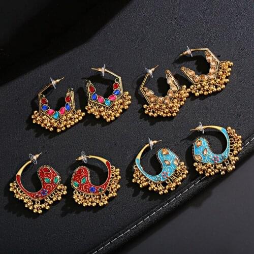 Ethnic Womens Gold CZ Geometric Jhumka Earrings Femmes Vintage Palace Blue Dripping Oil Indian Earrings Orecchini Donna