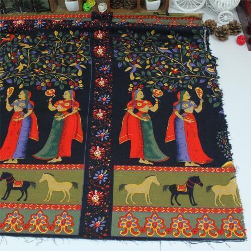 Cotton Linen Fabric Southeast Asian India Style Artisanal Lucky Fruit Tree Beauty Women DIY Patchwork Tablecloth Home Decoration