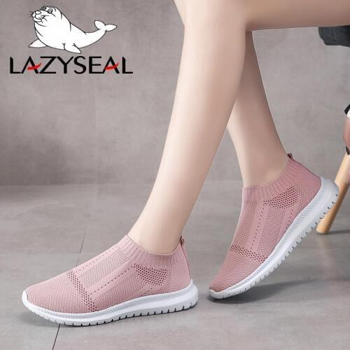 Lazyseal Breathable Flats Shoes Air Mesh Soft Female Knitted Women Sneaker Stretch Fabric Vulcanized Shoes Ladies Footwear