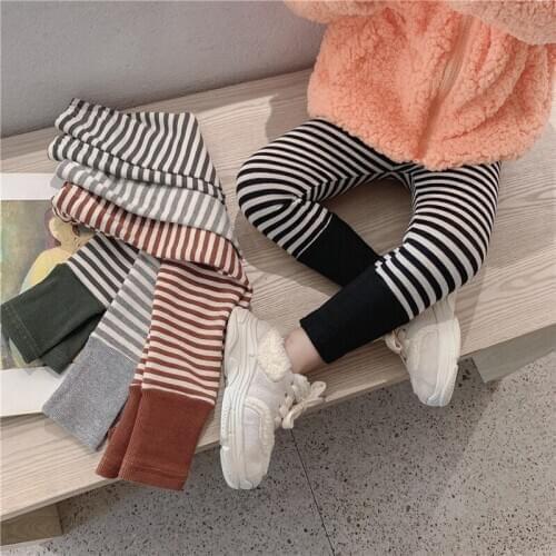 Baby Girls Leggings Autumn Winter Toddler Cotton Warm Thick Velvet Striped Pants Kids Boys Clothes