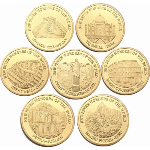 World 7 Wonders Great Wall / Taj Mahai / Pyramids / Colosseum Collection Commemorative Gold Coin Non-currency Coin