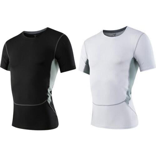 Short Sleeve Men Tight Sportswear Quick Dry Black White T-shirt Training Sports Top Plus Size 071