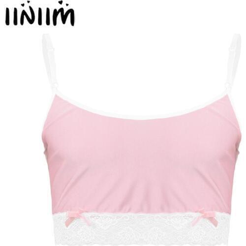 Mens Male Sissy Silky Lingerie Exotic Tanks Crop Top Spaghetti Straps Lace Hemline Camisole Vest Crop Tops Nightwear Clubwear