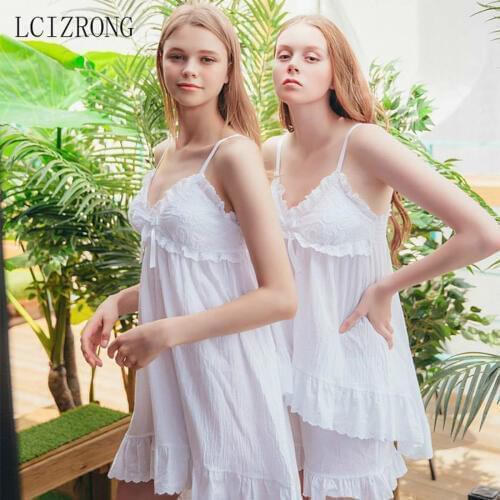 New Summer Sweet Girl Pajamas Set Sexy V-neck Ruffle Lace Camisole Shorts Sleepwear Nightgown White Homewear Sleepdress Lingerie