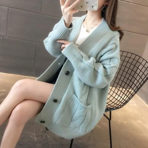 WEIHAOBANG 2021 Autumn Winter Womens New V-neck Solid Color Single Breasted Sweater Loose Cardigan Long Sleeve Sweater Coat