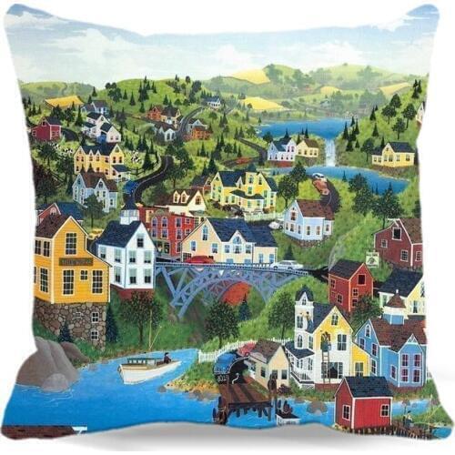 Panoramic view of rural architecture Square Cushion cover Cotton polyester bedroom/chair/car/sofa seat