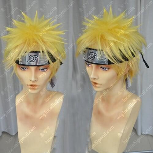 Anime Uzumaki Cosplay Wig Short Golden Mixed Fluffy Shaggy Layered Heat Resistant Synthetic Hair Wig + Headband + Wig Cap