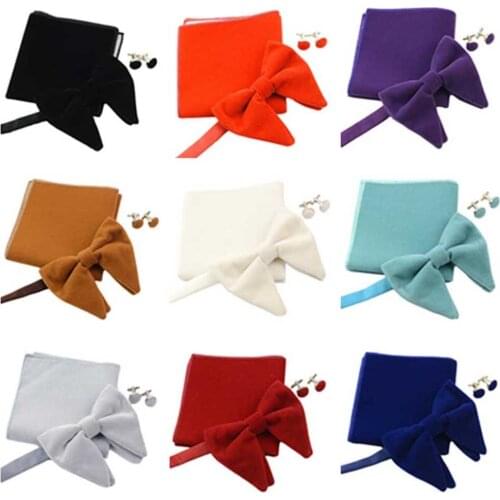 Men Plain Velvet Oversized Pre-tied Bow Tie Cufflinks Pocket Square Hanky Set BWTQN0304