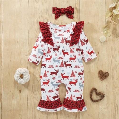 2Pcs 0-18Month Newborn Girl Christmas Long-sleeved Jumpsuit with Bow Headdress Winter Elk Print Ruffle Decoration Clothes