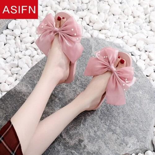 ASIFN Cute Lady-style Bowknot Flip Flop Platform Sandals Pearl Embellishment Non-slip Flat Flip Flops Summer Slippers Wholesale