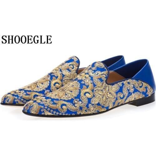 SHOOEGLE Zapatos Hombre New Men Blue Footwear Handmade Golden Embroidery Loafers Man Slip On Flats Mens Dress Shoes Size 38-47