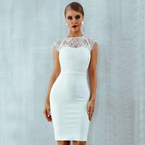 Celebrity Evening Party White Short Sleeve Lace Elegant Bodycon Dress Women New Summer Bandage Wedding Vestidos Ladies Dresses