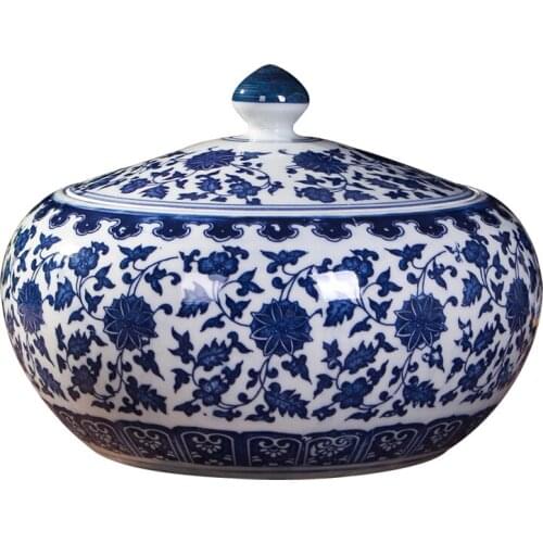 Vintage Ceramic Storage Jar with Lid Blue Flower Pattern Tea Caddy Living Room Ornament Flat Belly Ceramics Jar Home Decoration