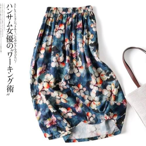 2021 New Summer Women Linen Print Skirt Elastic Waist Mid-Length A-line Casual Womens Skirt