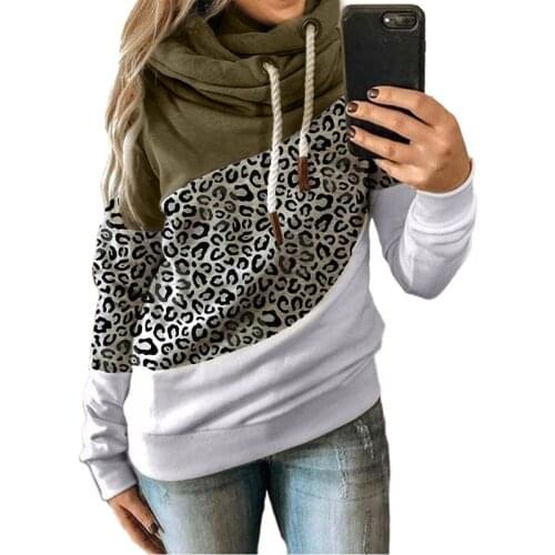 Ladies Hoodie Top 2021 Europe and America Autumn/Winter New Street Fashion Leopard Print Color Block Fleece Hoodie Casual Jacket