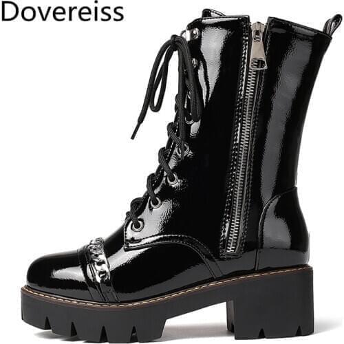 Dovereiss Fashion Womens Shoes Winter Pure color Platform new flats Cross tied Zipper Round toe Short boots big size 43