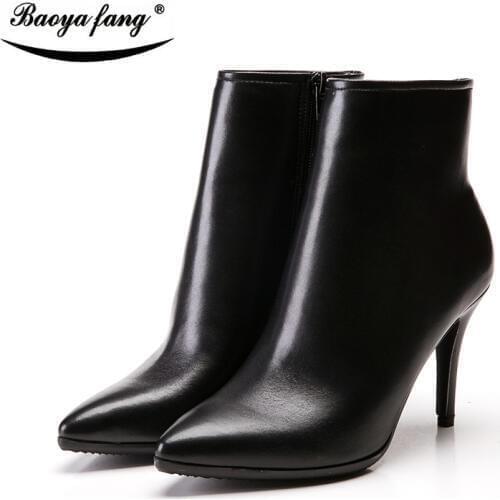 BaoYaFang New Winter Boots leather ankle boots for women 9cm High heels pointed toe High quality Womens shoes black/wind red