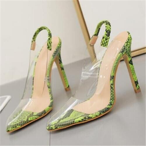 Women sandals PVC Slip On 11cm Thin Heels High heels Pointed Toe Shallow women shoes sandalias mujer 2020 size 35-42 Beige green