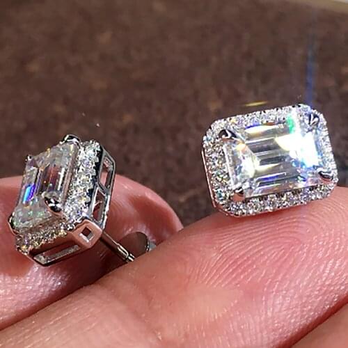 14K White Gold Stud Earrings Women 0.5 1 2 3Ct Emerald Rectangle Moissanite Diamond Present Wedding Anniversary Engagement Party