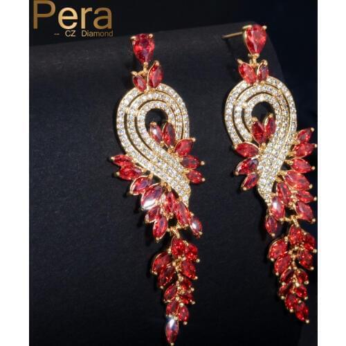 Pera Fashion Famous Brand India Red CZ Stone Jewelry Long Dropping Big Leaf Shape Women Evening Party Cubic Zircon Earrings E228