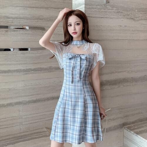 COIGARSAM Cheongsam Plaid Women Korea dress New Summer Cute Patchwork Lace Bow one-piece Dresses Purple Blue 7761