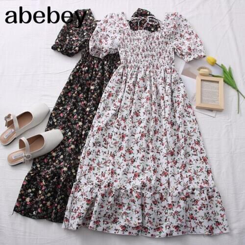 2021 New Spring Summer Women Sweet All-match floral print Dress lace up Pleated Dress high waist slim A-line Dress