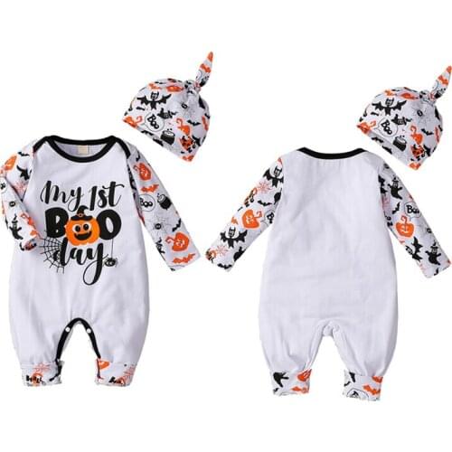 Pudcoco 0-12M 2Pcs Halloween Festival Costumes Cartoon Letter Print Cute Long Sleeve O-Neck Romper Jumpsuit Leotard+Hat Outfit