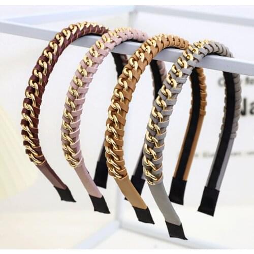 2021 PU Leather Braid Headbands Twist Metal Chain Hairband Wholesale Headwear Narrow Hair Hoop Women Girls Hair Accessories