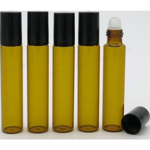 360pcs/lot 10ml Empty Amber Glass Roll On Bottle With Glass Roller Ball Black Plastic Caps,1/3oz Perfume Roll-on Bottle