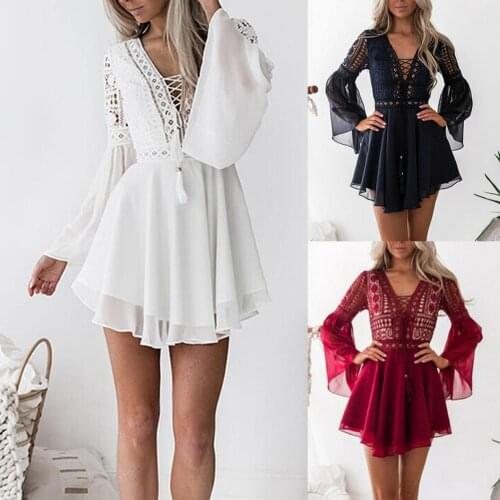 80% HOT SALES!!! Women V Neck Long Flared Sleeve Crochet Hollow out Chiffon Bandage Mini Dress