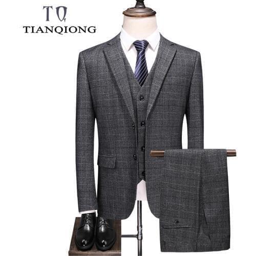 TIAN QIONG Brand Business Plaid Suits Men Slim Fit Mens 3 Piece Wedding Suits Black Dark Blue Gray Formal Dress Suit Man S-4XL