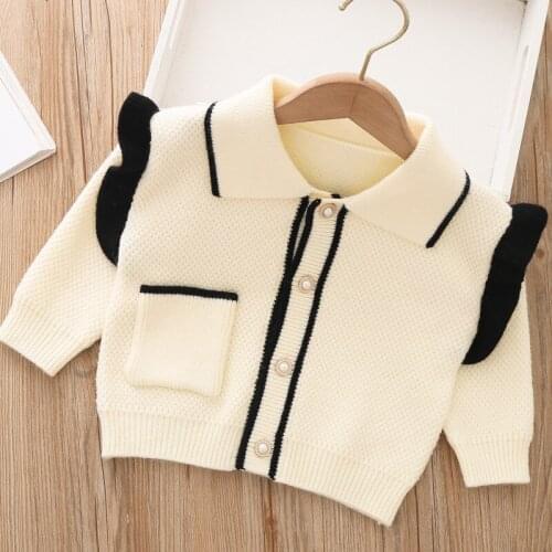 Spring fall girls pearl button pocket knitted cardigan children sweater baby girl top wholesale