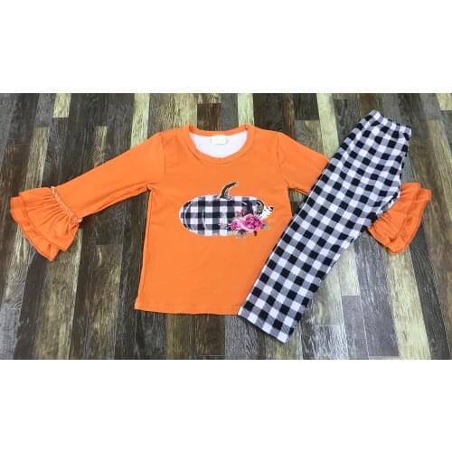 Childrens boutique clothing Thanksgiving pumpkin flowers orange lace top classic black and white check pantsuit