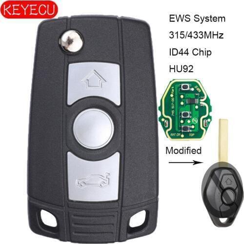 KEYECU EWS Modified Flip Remote Key Fob 3 Button 315MHz/433MHz for BMW E81 E46 E39 E63 E38 HU92 Blade
