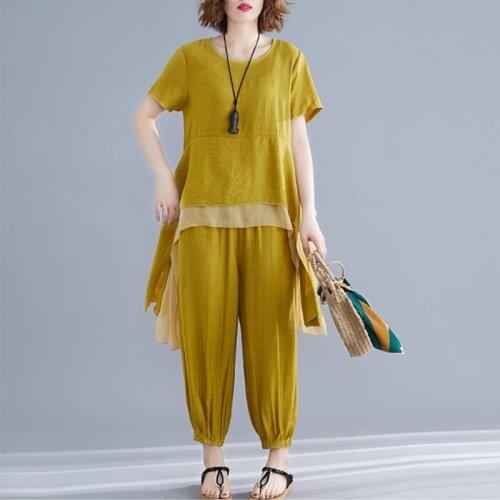 Loose Blouse Tops Pencil Pants Two Piece Women Clothes Set Street Wear Fashion Set Suits Cotton Linen Lady Summer Casual Set