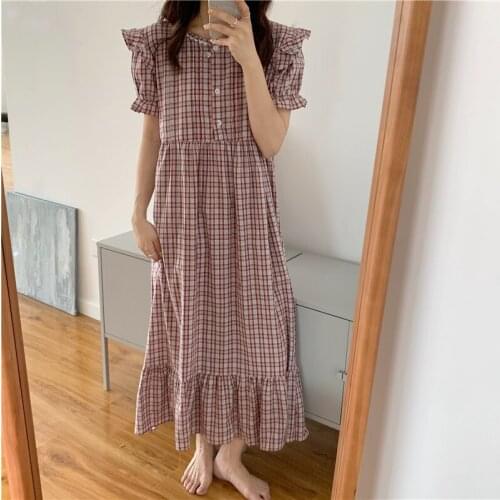 Plaid Print Summer Sleepwear Women O-Neck Short Sleeve Cotton Nightgown Casual Kawaii Vintage Homewear Nightwear Ruffles