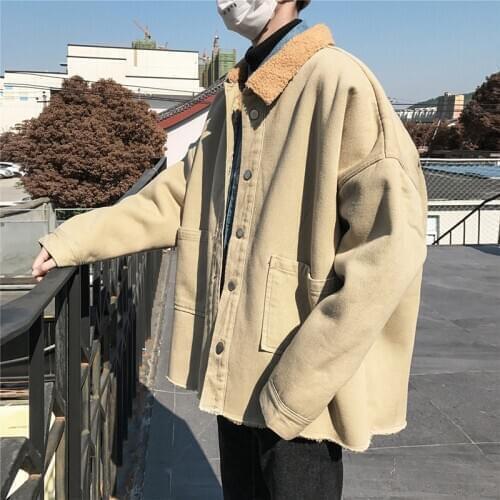 Fashion Mens Lamb Wool Liner Warm Male Parka Coat Loose Winter Thick Jacket Lapel Casual K090