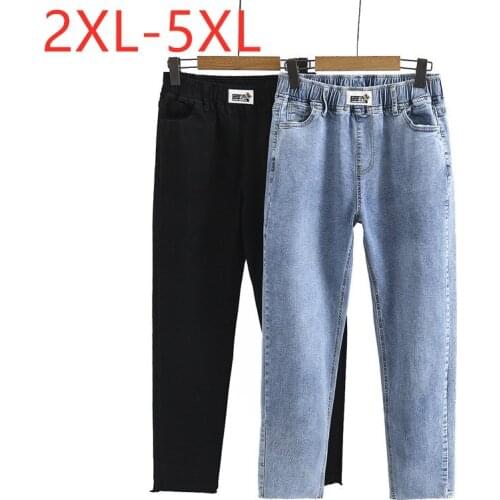 New 2021 Ladies Spring Summer Plus Size Long Jeans For Women Large Slim Elastic Cotton Pocket Blue Denim Trousers 3XL 4XL 5XL