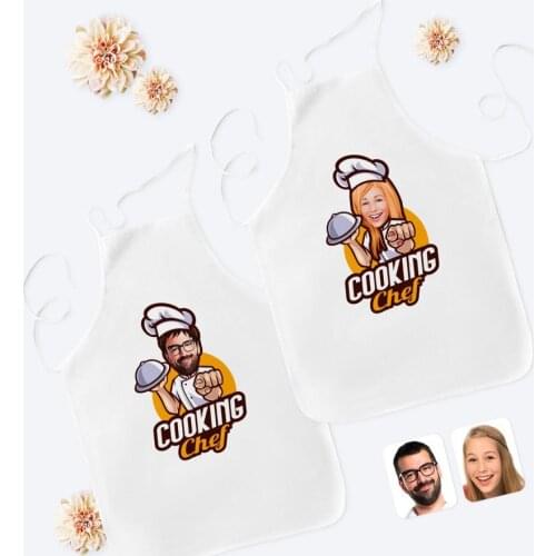 Personalized Dual Male and Female Chef Caricature Of White Kitchen Apron Seti-15 Custom Design Souvenir Beautiful Memories friends