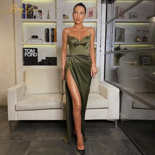 Sexy Satin Evening Dresses Long Spaghetti Strap Sweetheart High Split Simple Party Dress Pleated Vestidos de fiesta