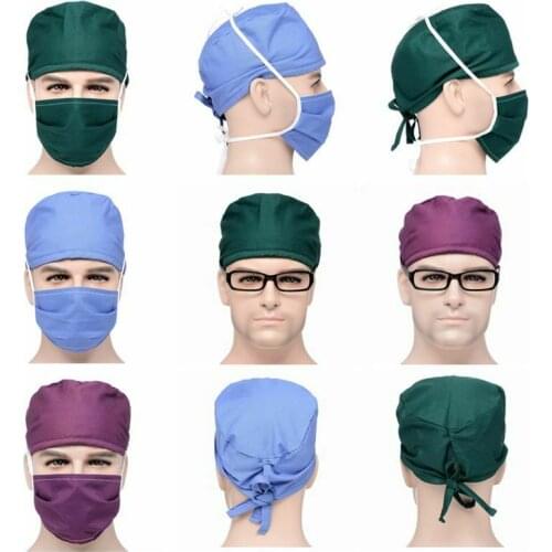 Scrub Caps Sets Workwear Solid Cotton Sweatband Working Hats Women Men Bandage Adjustable Anti-dust Nuring Caps Accessories