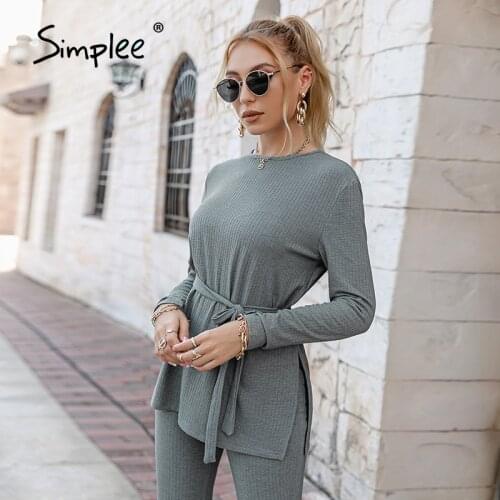 Simplee Casual lace up sheath two piece sets women Sportwear long sleeve ladies tracksuit sets autumn O-neck fitness pants set